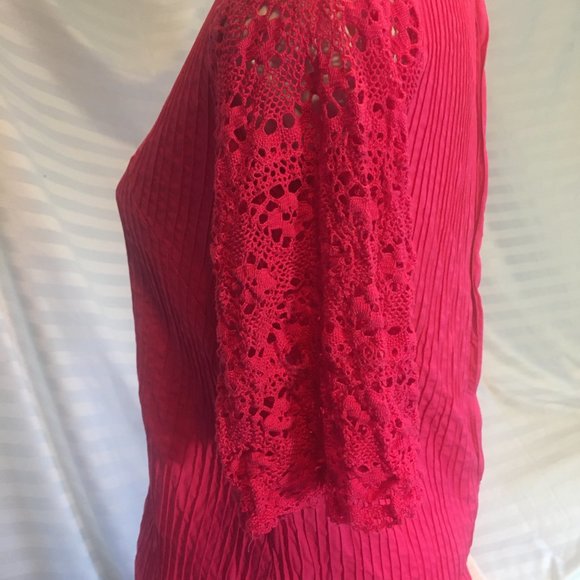 Pink Raspberry Boho Mexican Mod Pintuck Cotton Dress Crocheted Sz S/M Vintage - Picture 12 of 16